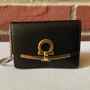 •Salvatore Ferragamo Icona Gancini Black Leather Card Case KeychainMade In Italy